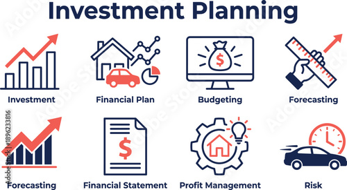 Investment planning infographic illustration, financial strategy, budgeting and forecasting, profit management, risk analysis, wealth growth, business finance dashboard