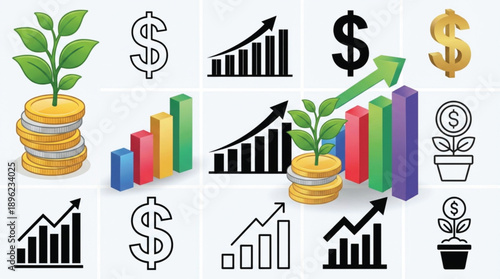 Financial growth and investment concept with plants and graphs
