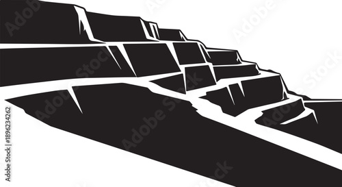 Black and white illustration of rocky mountain landscape scenery