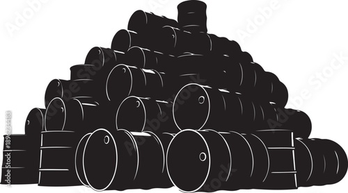 Pile of black oil drums stacked high illustration