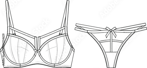 Lingerie bra and thong technical line drawing, womens underwear cad drawing flat vector illustration for fashion design production templates use
