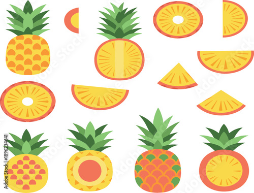 Pineapple fruit flat vector illustration with whole and sliced ​​summer pineapples in bright colors for food design and summer concepts