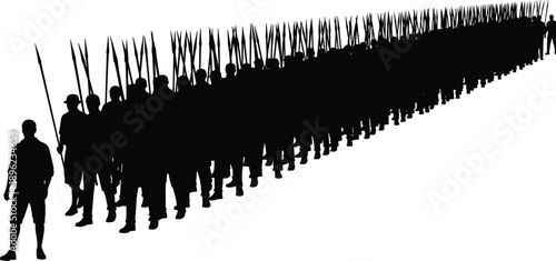 Long line of marching soldier silhouettes with spears, black vector illustration depicting ancient army formation, discipline, military strength, history, and dramatic war concept
