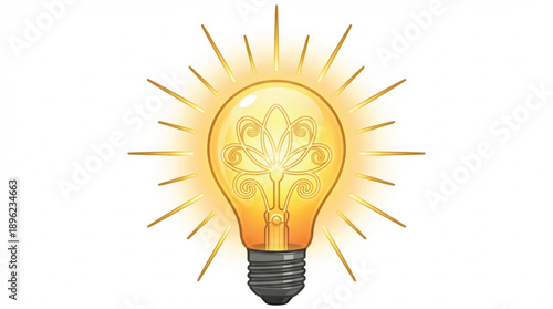 Glowing light bulb with decorative filament and sunburst effect