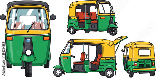 Green and yellow auto rickshaw multi-angle set featuring front side and rear views for urban transport vehicle design