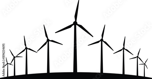 Wind turbine silhouettes on hill landscape, black vector illustration representing renewable energy, clean power, sustainability, green technology concept for modern eco friendly design use