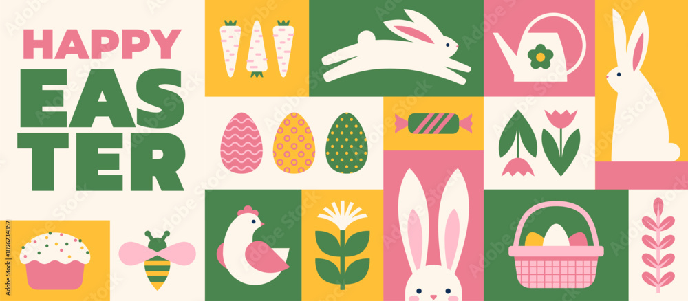 Fototapeta premium Happy Easter horizontal greeting card or banner design with grid pattern. Easter bunny and spring symbols illustration.