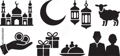 Islamic Holiday Icons Set Black Silhouette Vector Collection Mosque Crescent Lantern Family, Silhouette Vector