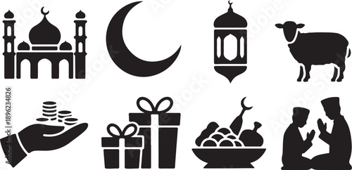 Islamic Holiday Icons Set Black Silhouette Vector Collection Mosque Crescent Lantern Family, Silhouette Vector
