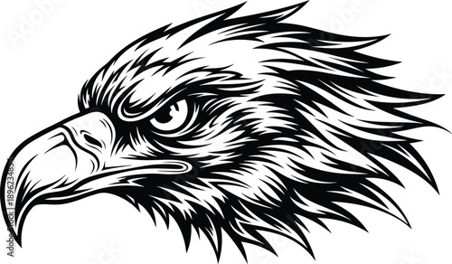 Fierce eagle head illustration in black silhouette style vector artwork for logo mascot tattoo emblem wildlife branding isolated on white background design