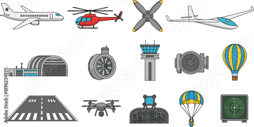 Aviation transport icon set featuring airplane helicopter drone runway radar control tower propeller parachute hot air balloon flat vector illustration collection