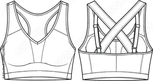 Women cross back sports bra technical design front back views apparel pattern, cad drawing flat vector illustration fitness activewear template