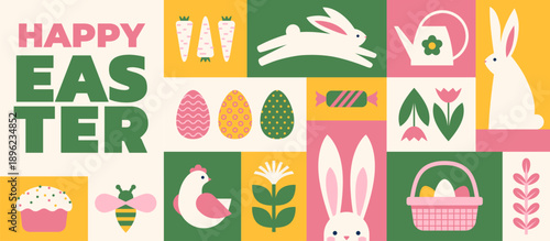 Happy Easter horizontal greeting card or banner design with grid pattern. Easter bunny and spring symbols illustration.