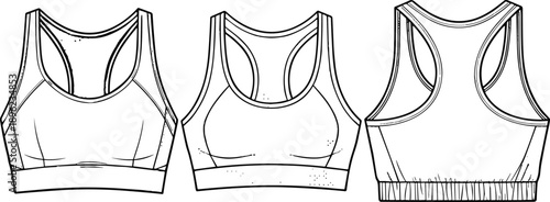 Women sports bra technical design front back views apparel pattern, cad drawing, flat vector illustration, fitness activewear clothing template
