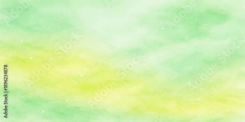 Abstract green watercolor background features a bright summer cloudscape with sunlight filtering through a clear blue sky to create a colorful nature landscape backdrop