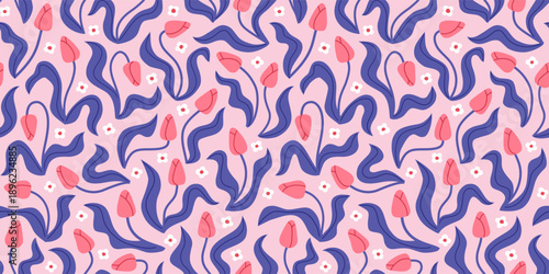 Cute elegant seamless pattern with pink tulip flowers. Spring floral background, wrapping paper design, repeated print for fabric and textile.