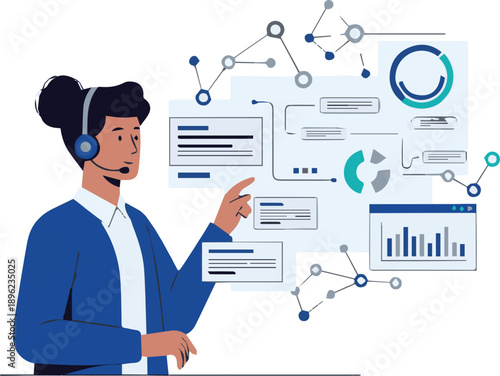 Customer service representative analyzing data on virtual dashboard interface with various charts and graphs