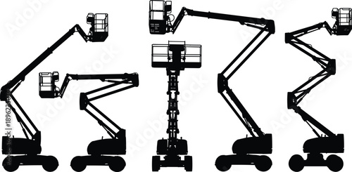 Aerial work platform silhouette set showing boom lift cherry picker hydraulic access equipment construction maintenance machinery black industrial illustration isolated on white