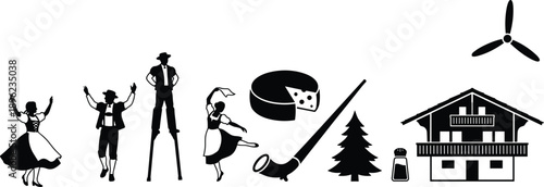 Traditional alpine culture silhouette icon set featuring folk dancers, shepherd, cheese, pipe, chalet house, pine tree, and windmill symbols isolated on white background for travel and cultural design