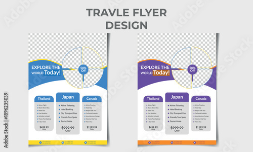 Travel Flyer Design: A clean, inviting travel flyer design showcases various destination, promising new and exciting adventures, perfect for promoting exploration and inspiring wanderlust.