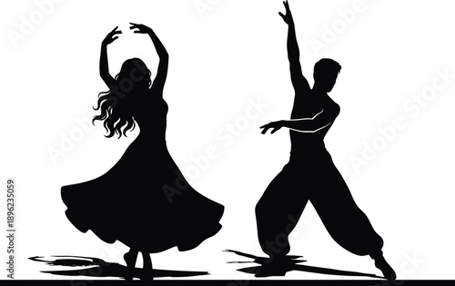 Graceful male and female dance silhouettes illustration showing expressive contemporary ballroom performers in elegant motion isolated on white background for art, culture, and creative design use