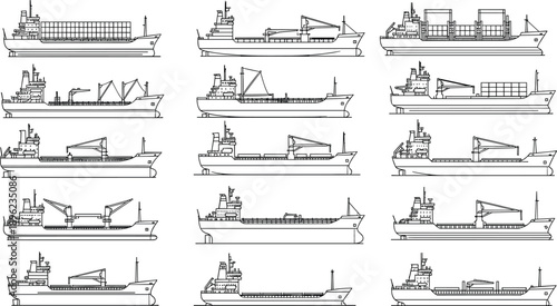 Cargo ship outline set showing different commercial vessels container bulk and crane ships maritime transport shipping industry technical line illustration collection