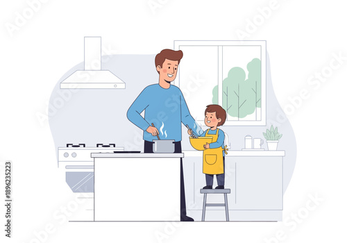 Father and son cooking together in a bright kitchen illustration