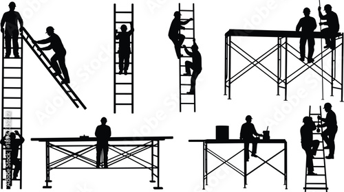 Construction worker silhouette set showing ladder climbing scaffolding work teamwork height safety industrial labor black vector illustration collection