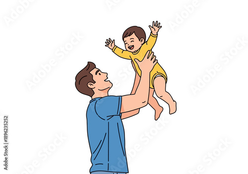 Father lifting a laughing baby wearing a yellow bodysuit high in the air