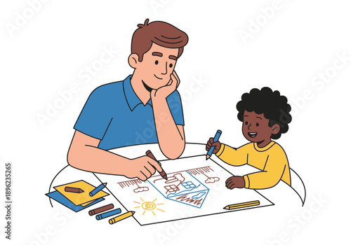 Man and child drawing a house on paper at a table