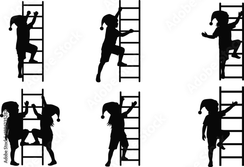 Christmas elf silhouette set climbing ladder playful holiday character actions black shadow illustration for festive decoration winter celebration design isolated on white