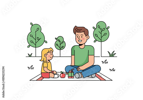 Man and girl picnicking outdoors under trees with an apple and juice box