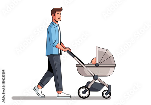 Man pushing a baby in a light gray stroller against a white background