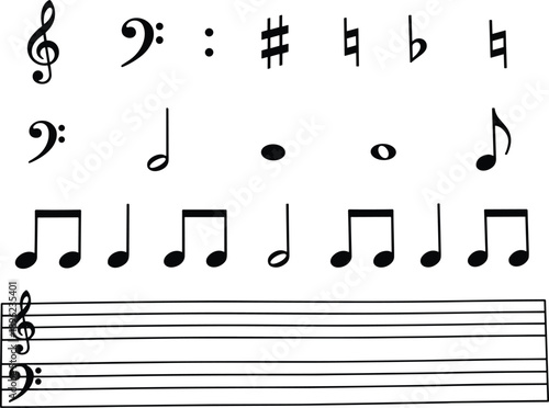 Music notation symbols set with clefs notes rhythmic patterns and grand staff, black and white vector illustration for music theory education, composition practice, and learning materials