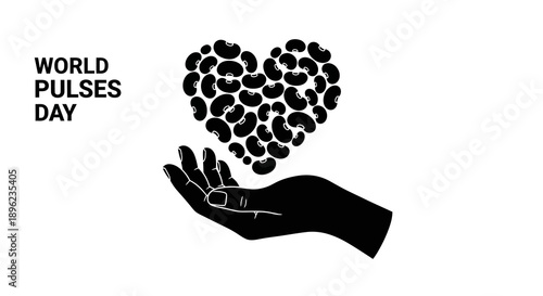 Black silhouette illustration of a hand holding a heart made of various beans and legumes for World Pulses Day, promoting nutrition and vegetarian diet on a white background.