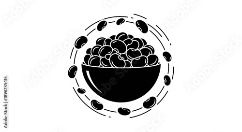 Black silhouette illustration of a bowl filled with beans, peanuts, and soybeans for World Pulses Day, symbolizing nutrition and vegetarian diet on a simple background.