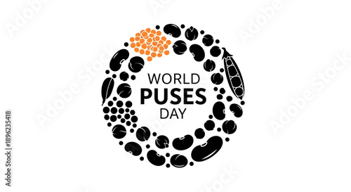 Black silhouette illustration of various beans and legumes forming a circle around the text 'World Pulses Day' on a white background, promoting nutrition and vegetarian diet.