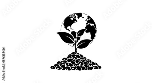 Black silhouette illustration of a plant growing from a pile of beans and seeds with the world in the background, representing World Pulses Day and nutrition.