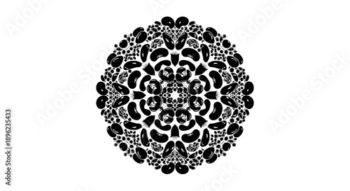 Black silhouette illustration of a decorative design for World Pulses Day, featuring beans, peanuts, and soybeans in a circular pattern on a white background.