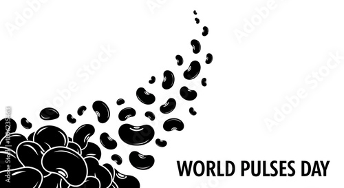 Black silhouette illustration for World Pulses Day featuring beans, peanuts, and soybeans in a design against a clean background.