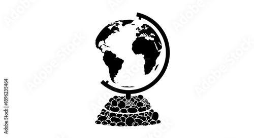 Black silhouette illustration of a globe on a pile of beans and grains, symbolizing World Pulses Day, with a design focused on nutrition and vegetarian food.
