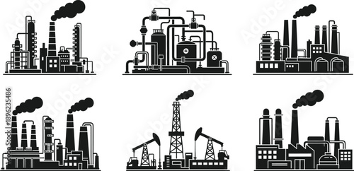 Industrial factory and oil refinery silhouette set showing power plants pipelines smokestacks energy production manufacturing industry black icon illustration collection