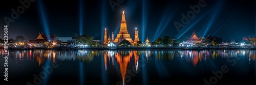 Wat Arun temple night panorama with river reflections and illuminated Bangkok skyline, Thailand