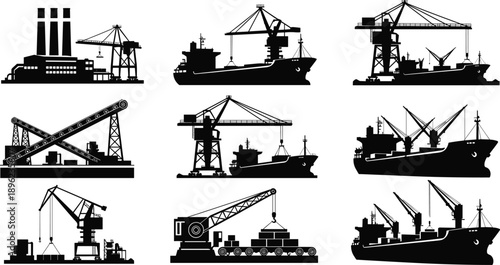 Port cargo crane silhouette set showing industrial harbor loading ships containers logistics freight transportation dockyard black vector illustration collection