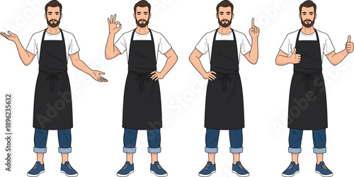 Male barista character set showing different hand gestures wearing apron casual outfit flat vector illustration for cafe service restaurant staff communication concept