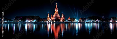 Wat Arun temple night panorama with river reflections and illuminated Bangkok skyline, Thailand