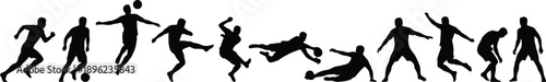 Football player silhouette sequence illustrating soccer actions running kicking jumping tackling and goalkeeping, black flat vector illustration for sports training, competition, teamwork