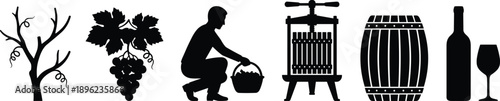 Wine making silhouette icon set showing vineyard grapes harvest pressing barrel bottle and glass, black flat vector illustration for winery, agriculture, and winemaking process concepts