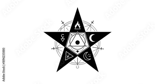 Black pentagram with symbols.