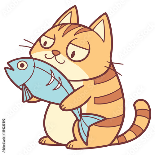 Cute cat holding a fish with smile